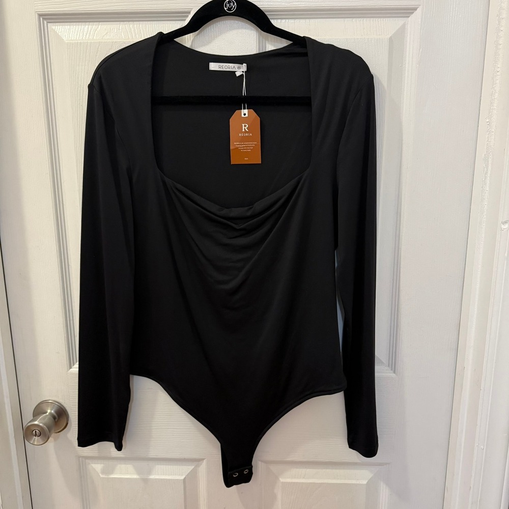 NWT REORIA Womens 2XL Plus Black Long Sleeve Square Cowl-Neck Bodysuit Top